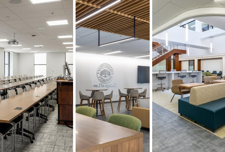 A collage of spaces from the downtown campus. Classroom, Study areas.